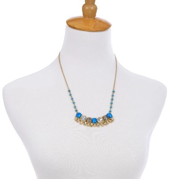 Blue Crystal & Rhinestone Beaded Vintage Gold Statement Collar Necklace - Picture 2 of 8